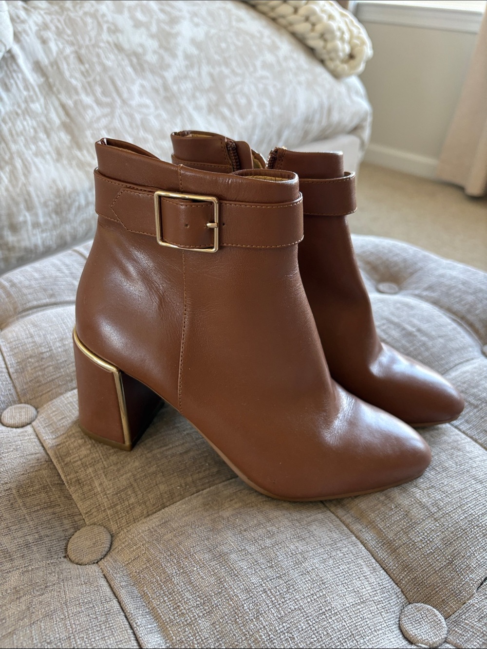 Talbots Chestnut Brown Leather Ankle Boots with Gold Buckle